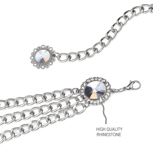 Women's Crystal Silver Multi-layer Metal Waist Chain Dress Belts Metal Belt - Picture 4 of 6